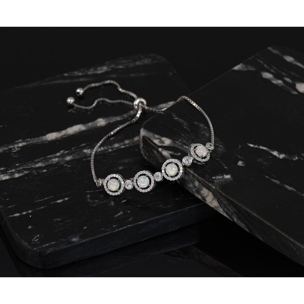 Sterling Silver RH-plated Created Opal and CZ Adjustable Bracelet - Product Photo