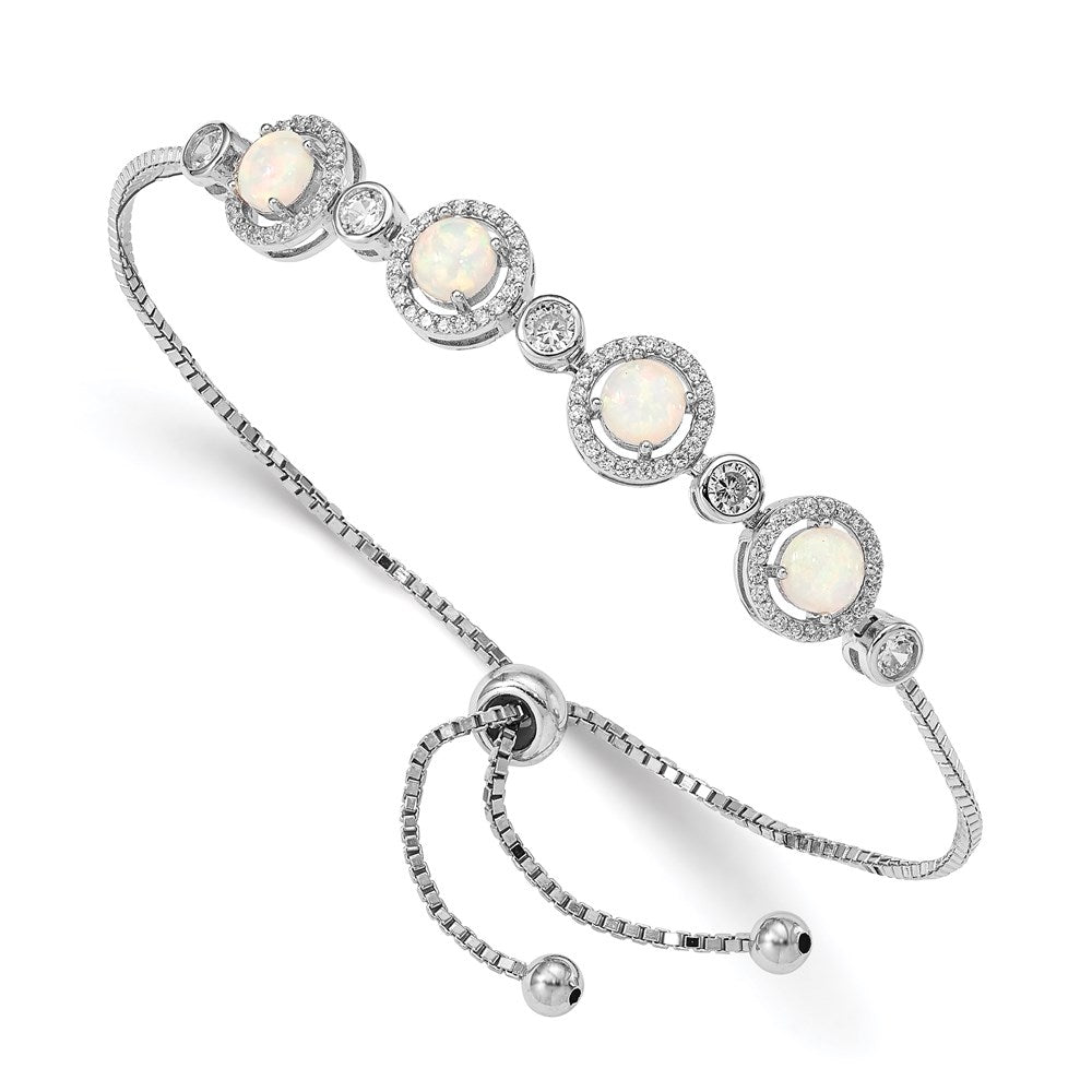 Sterling Silver RH-plated Created Opal and CZ Adjustable Bracelet - Product Photo