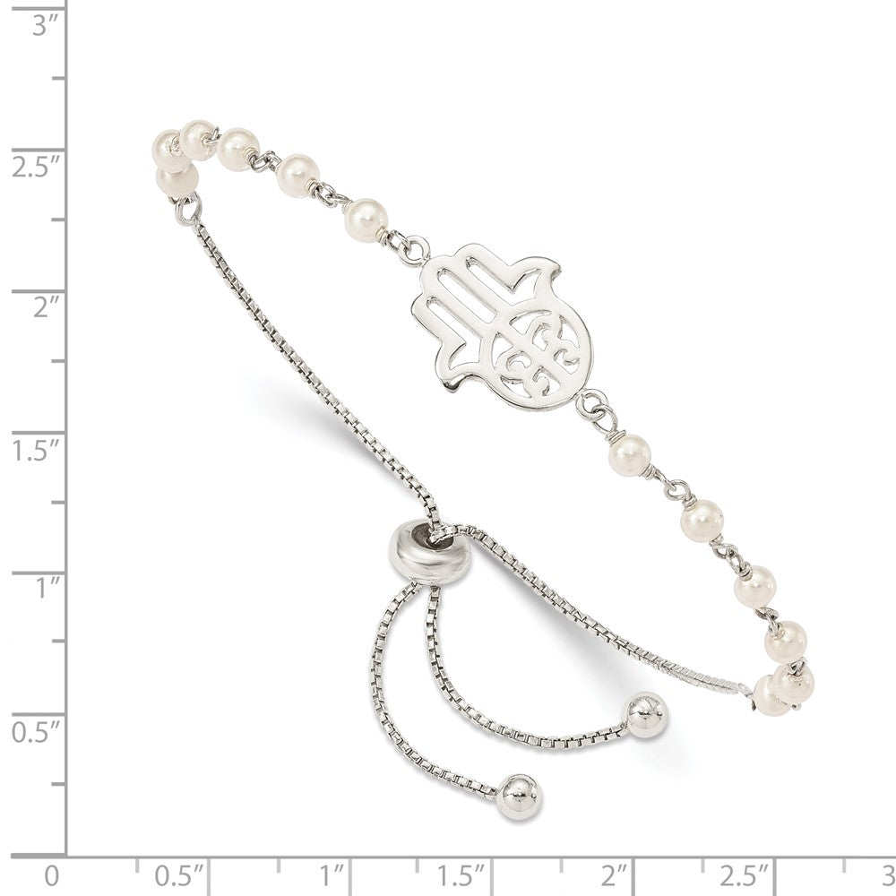 Sterling Silver Hamsa w/ Simulated Pearl Adjustable Bracelet - Product Photo