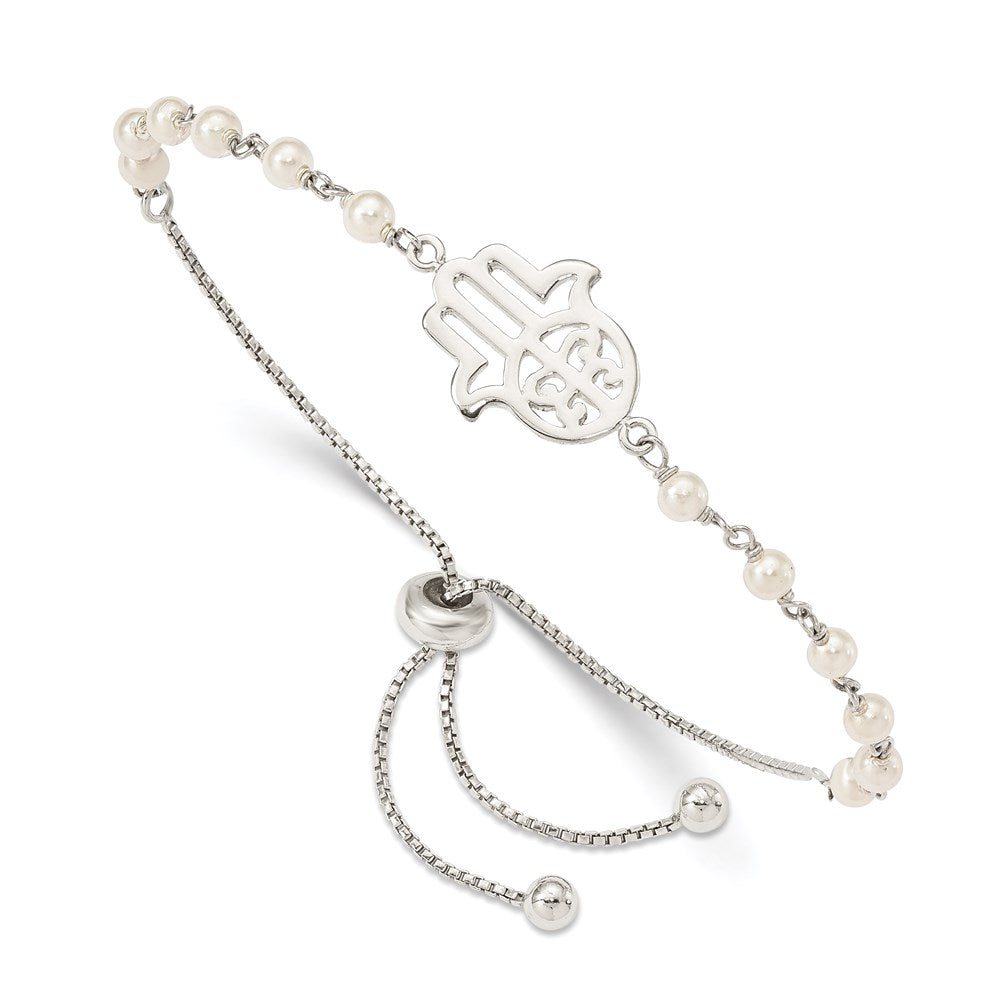 Sterling Silver Hamsa w/ Simulated Pearl Adjustable Bracelet - Product Photo