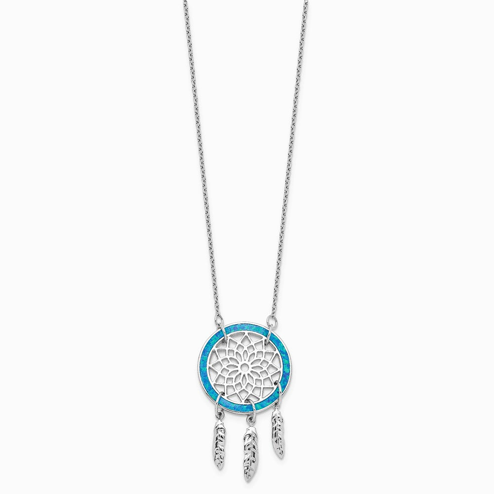Sterling Silver Rhodium-pltd Created Opal Dreamcatcher with 2in ext Necklace - Product Photo