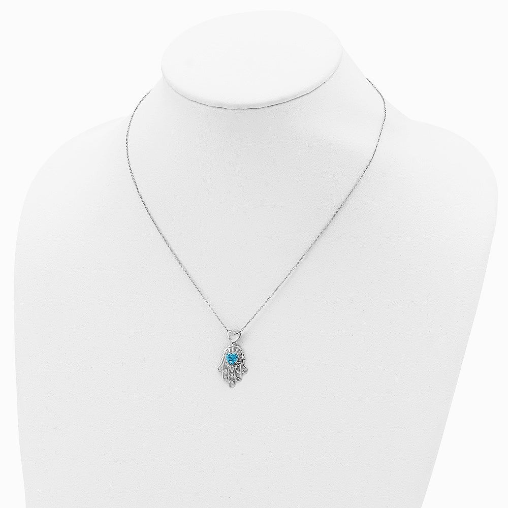 Sterling Silver Blue and Clear CZ Hamsa Necklace - Product Photo