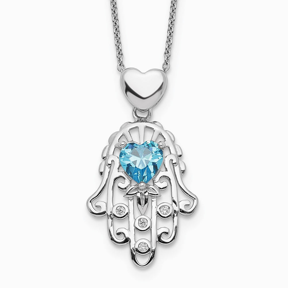 Sterling Silver Blue and Clear CZ Hamsa Necklace - Product Photo