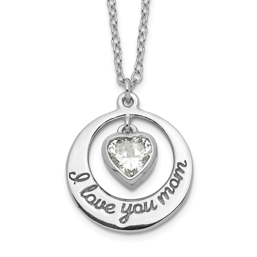 Sterling Silver Rhodium-pltd CZ Heart LOVE YOU MOM with 2in ext Necklace