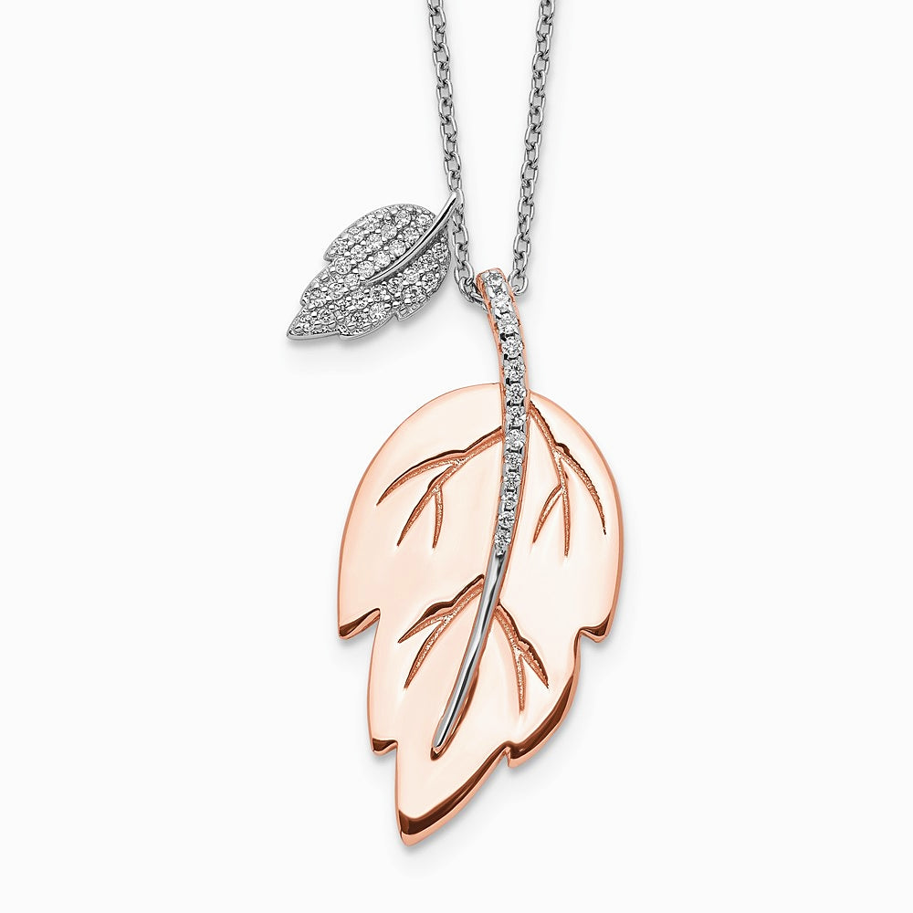 Sterling Silver Rose-tone CZ Leaf w/ 2in ext. Necklace