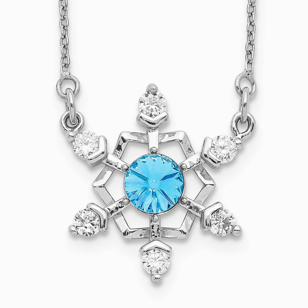 Sterling Silver RH-plated Blue/Clear Crystal Snowflake with 2in ext Necklace