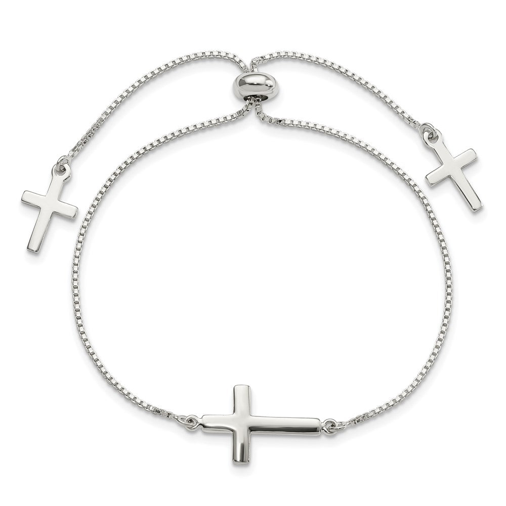 Sterling Silver Polished Cross Adjustable Bracelet - Product Photo
