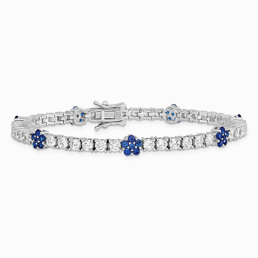 Sterling Silver Rhodium-plated Cr Blue Spinel & CZ Flower 7in Bracelet - Product Photo
