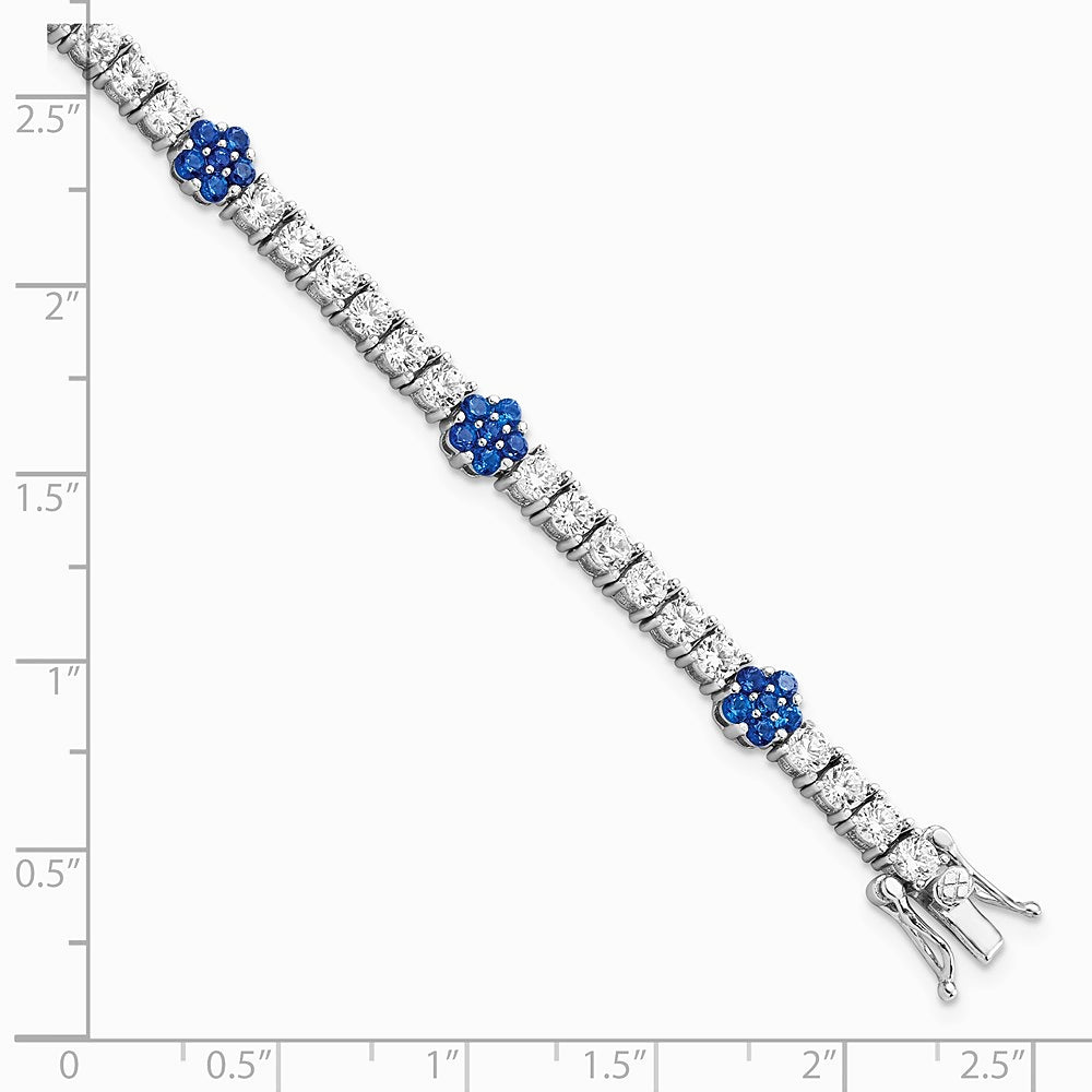 Sterling Silver Rhodium-plated Cr Blue Spinel & CZ Flower 7in Bracelet - Product Photo