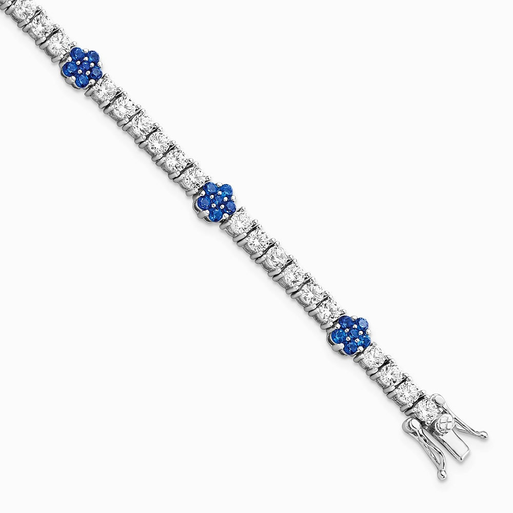 Sterling Silver Rhodium-plated Cr Blue Spinel & CZ Flower 7in Bracelet - Product Photo