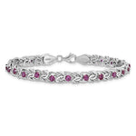 Sterling Silver Rhodium-plated Dark Pink Glass Flat Link 7.5in Bracelet - Product Photo