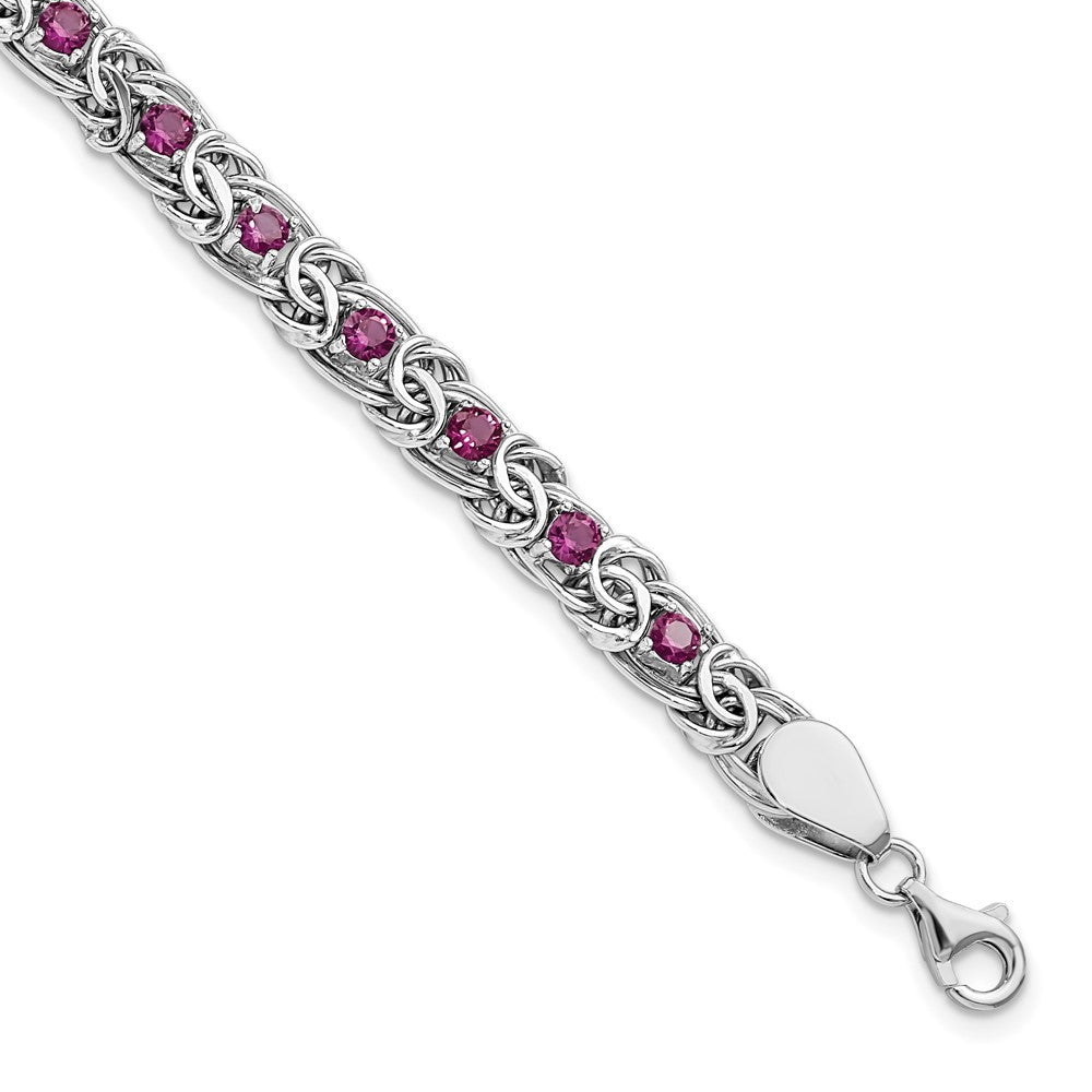 Sterling Silver Rhodium-plated Dark Pink Glass Flat Link 7.5in Bracelet - Product Photo