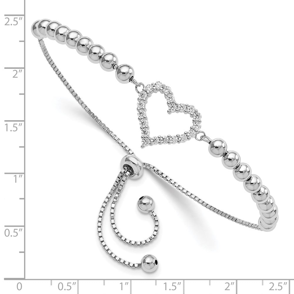Sterling Silver Rhodium-plated Beaded CZ Heart Adjustable Bracelet - Product Photo