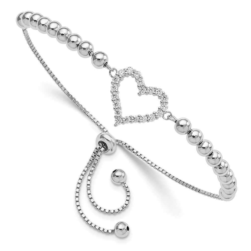 Sterling Silver Rhodium-plated Beaded CZ Heart Adjustable Bracelet - Product Photo