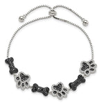 Sterling Silver Rhodium-plated CZ Paw Print & Dog Bone Adj Bracelet - Product Photo