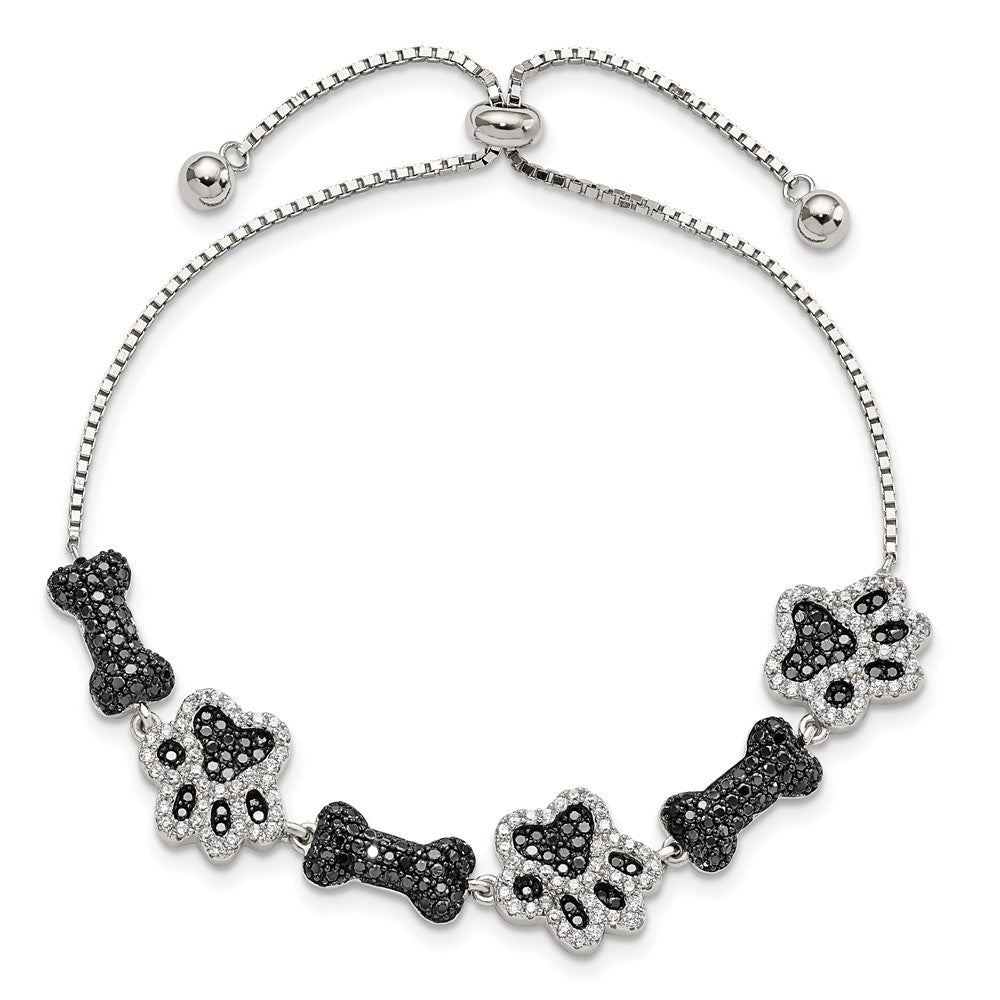 Sterling Silver Rhodium-plated CZ Paw Print & Dog Bone Adj Bracelet - Product Photo