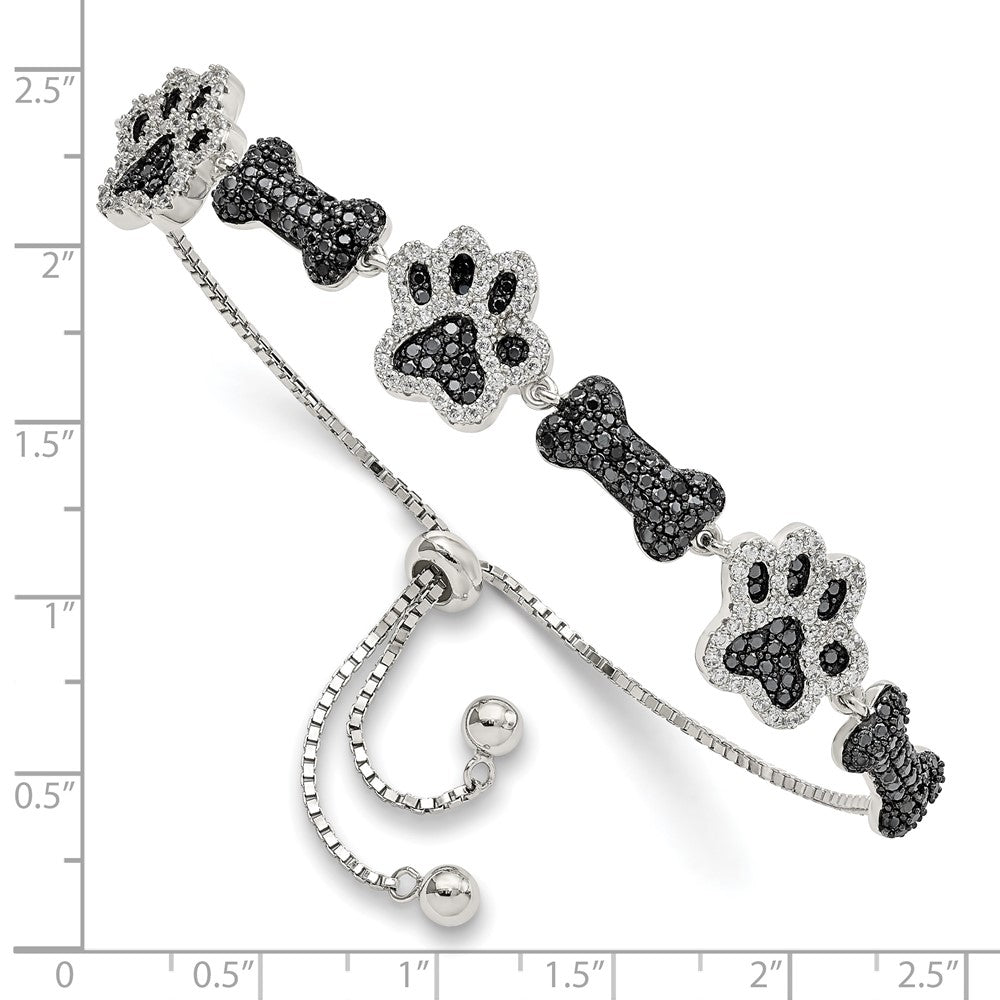 Sterling Silver Rhodium-plated CZ Paw Print & Dog Bone Adj Bracelet - Product Photo
