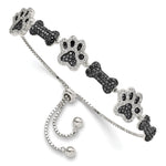 Sterling Silver Rhodium-plated CZ Paw Print & Dog Bone Adj Bracelet - Product Photo
