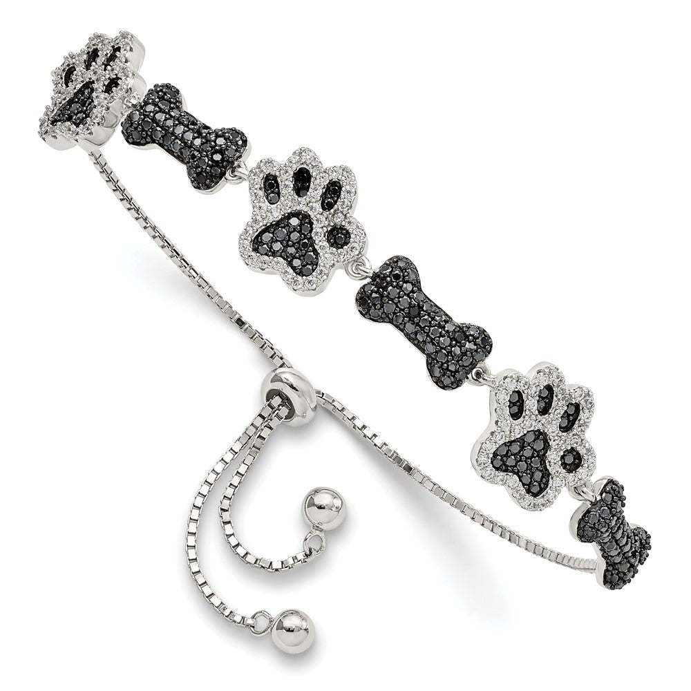 Sterling Silver Rhodium-plated CZ Paw Print & Dog Bone Adj Bracelet - Product Photo
