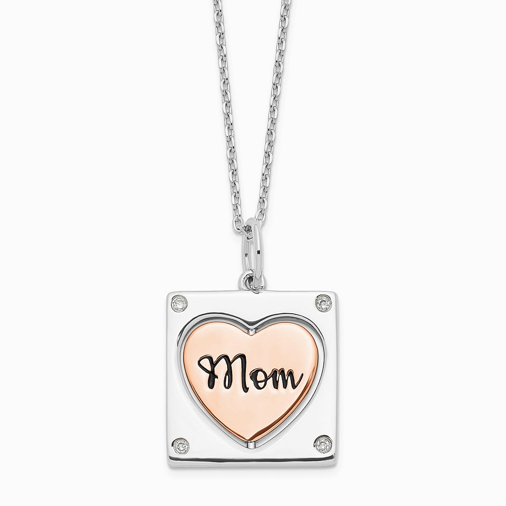 Sterling Silver RH-pltd Rose-pltd MOM/LOVE Spins CZ with 2in ExtensionNecklace