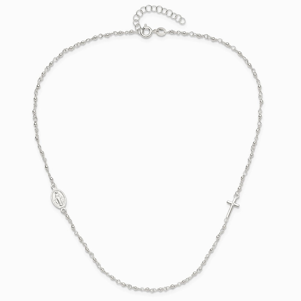 Sterling Silver Medal/Cross with 1.5in ext. Rosary Necklace - Product Photo