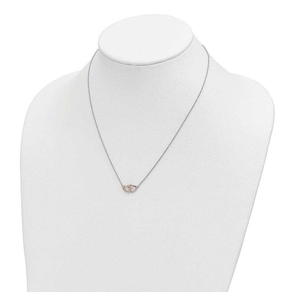 Sterling Silver Rhodium-plated Rose-tone Polished Hearts Necklace - Product Photo