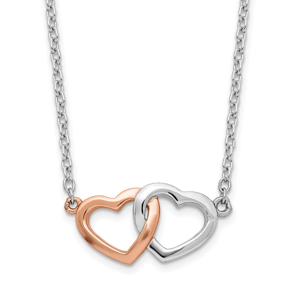 Sterling Silver Rhodium-plated Rose-tone Polished Hearts Necklace - Product Photo