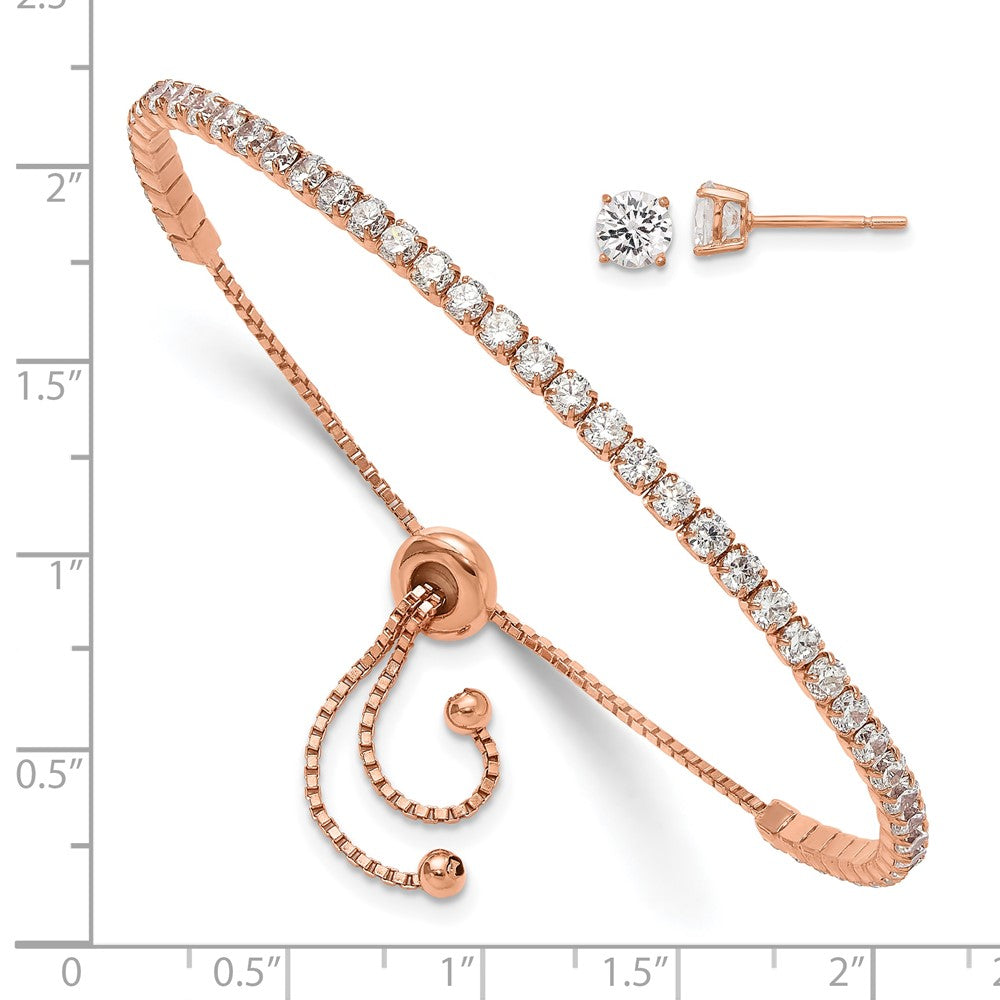 Sterling Silver Rose-tone CZ Adjustable Bracelet and Earring Set - Product Photo