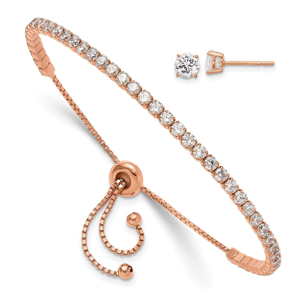 Sterling Silver Rose-tone CZ Adjustable Bracelet and Earring Set - Product Photo