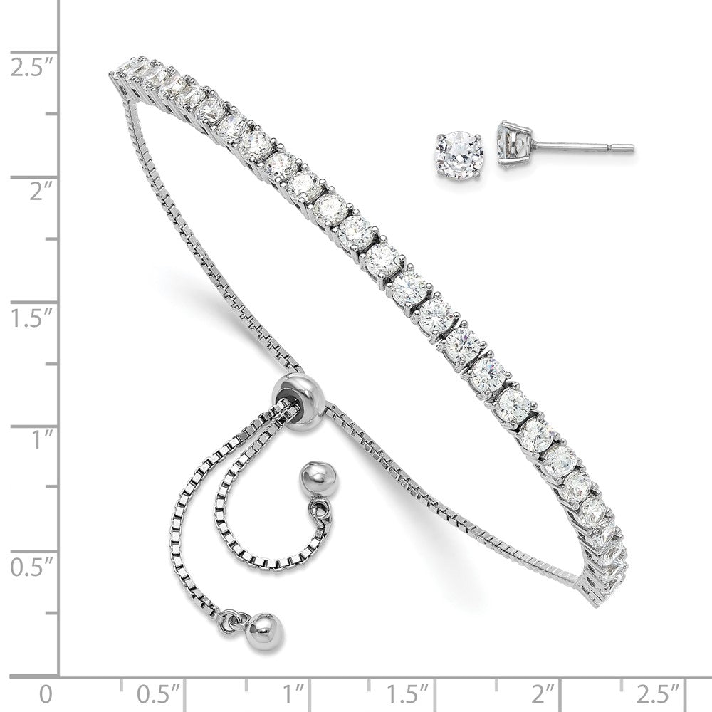 Sterling Silver Rhodium-plated CZ Adjustable Bracelet and Post Earring Set - Product Photo