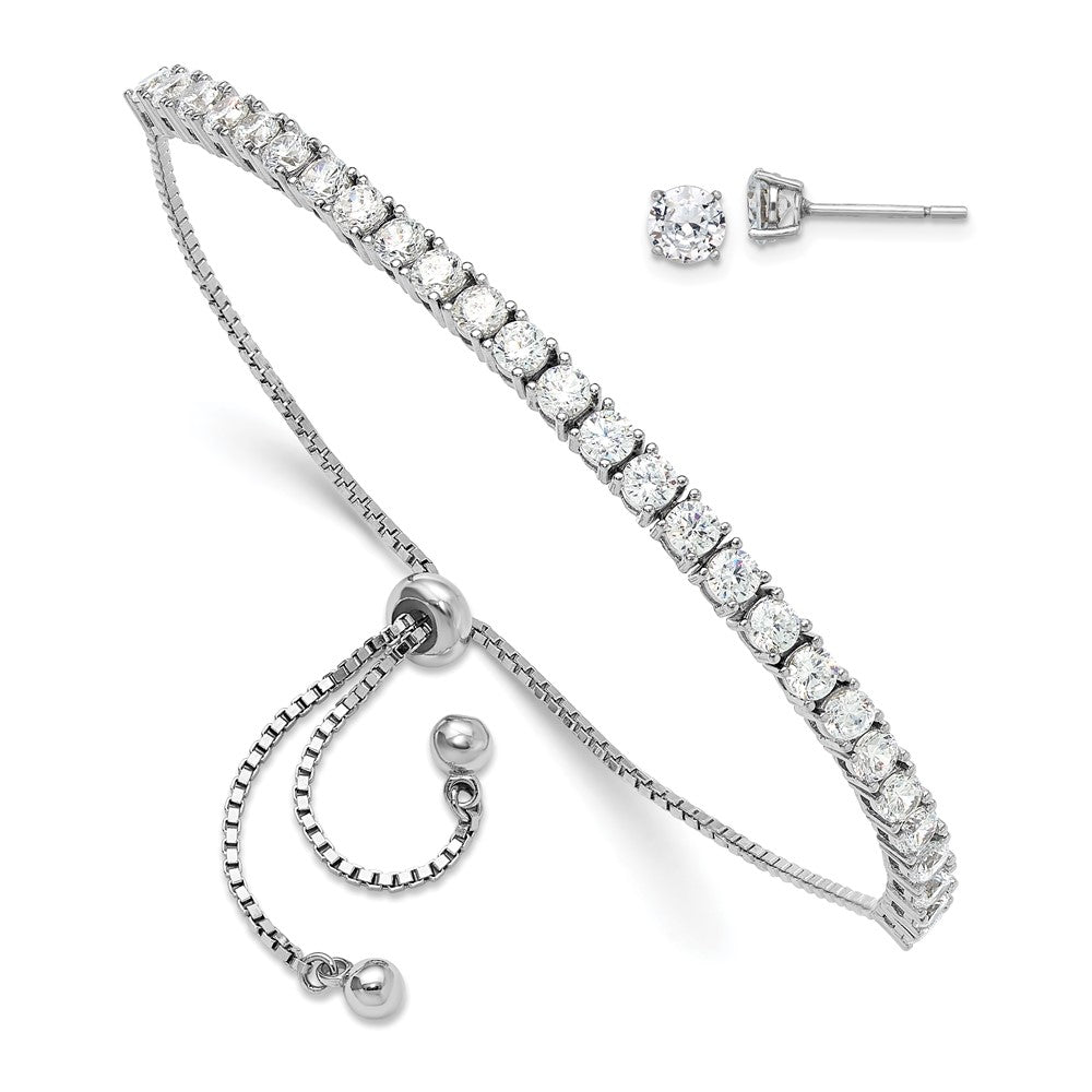 Sterling Silver Rhodium-plated CZ Adjustable Bracelet and Post Earring Set - Product Photo