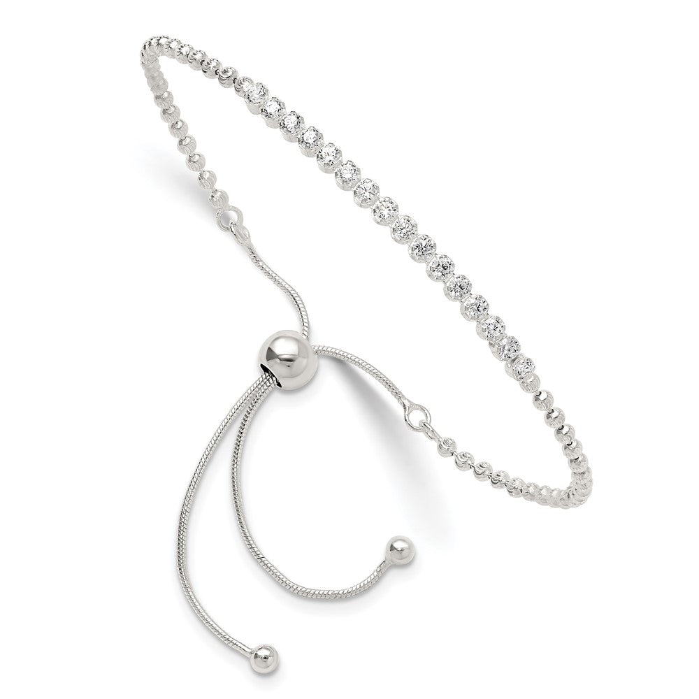 Sterling Silver Polished Diamond-Cut with CZ Adjustable Bracelet