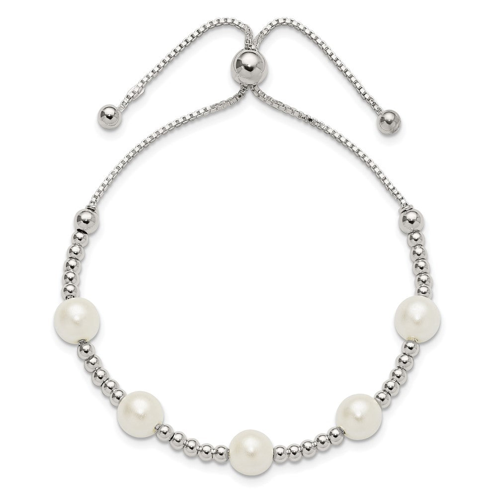 Sterling Silver Polished Beaded and Synthetic Pearl Adjustable Bracelet - Product Photo