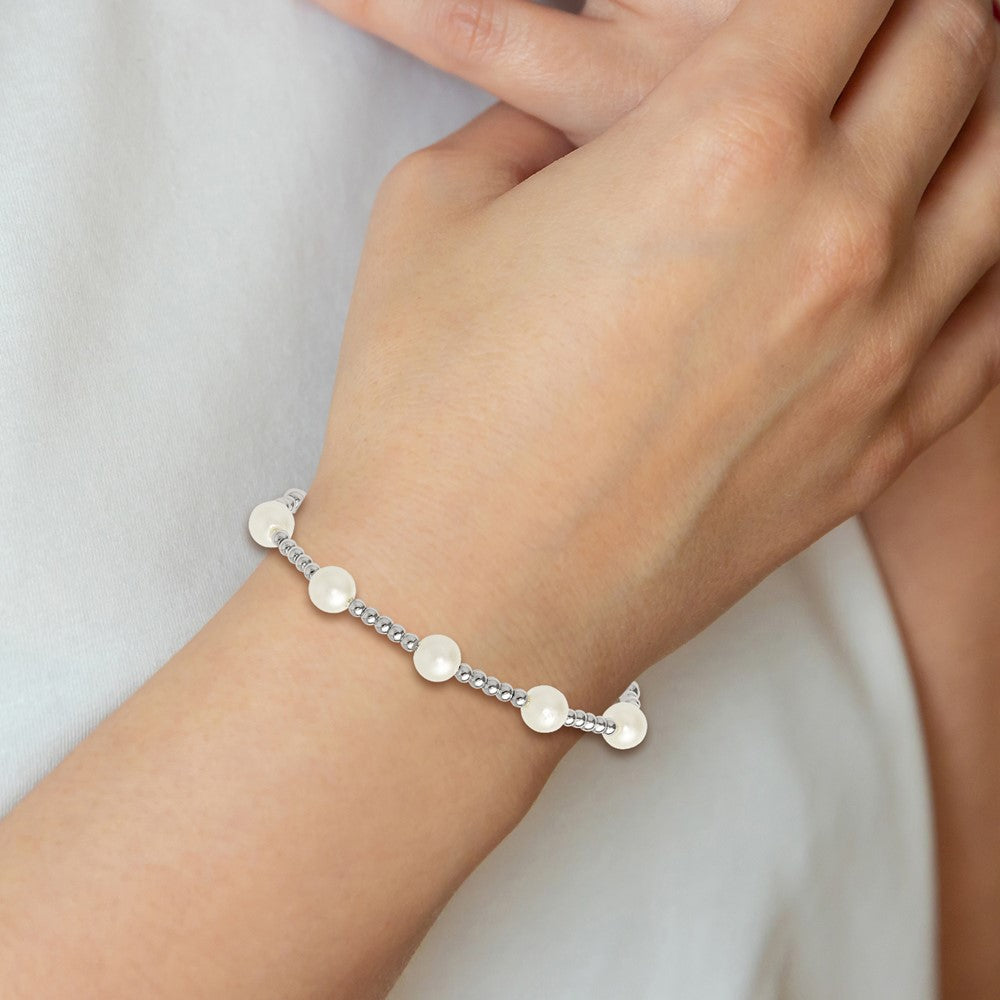 Sterling Silver Polished Beaded and Synthetic Pearl Adjustable Bracelet - Product Photo