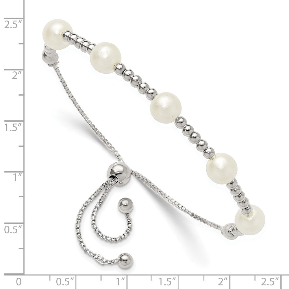 Sterling Silver Polished Beaded and Synthetic Pearl Adjustable Bracelet - Product Photo