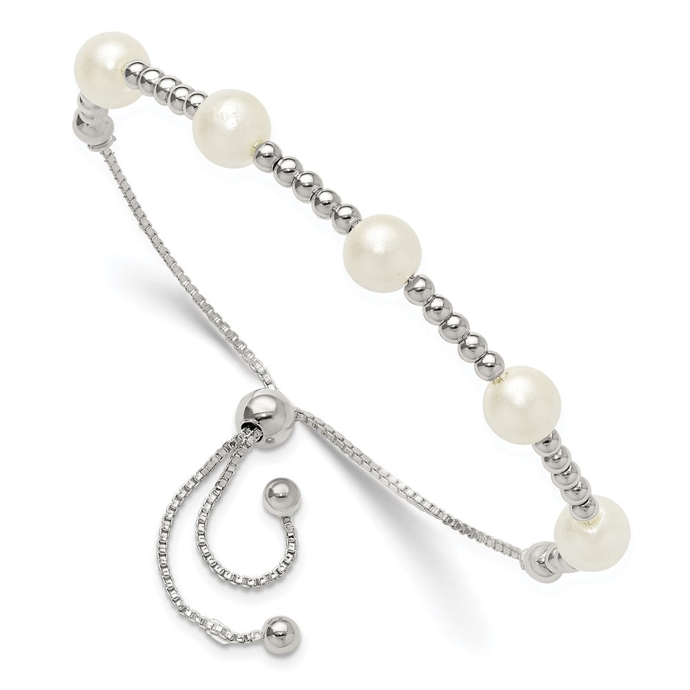 Sterling Silver Polished Beaded and Synthetic Pearl Adjustable Bracelet - Product Photo