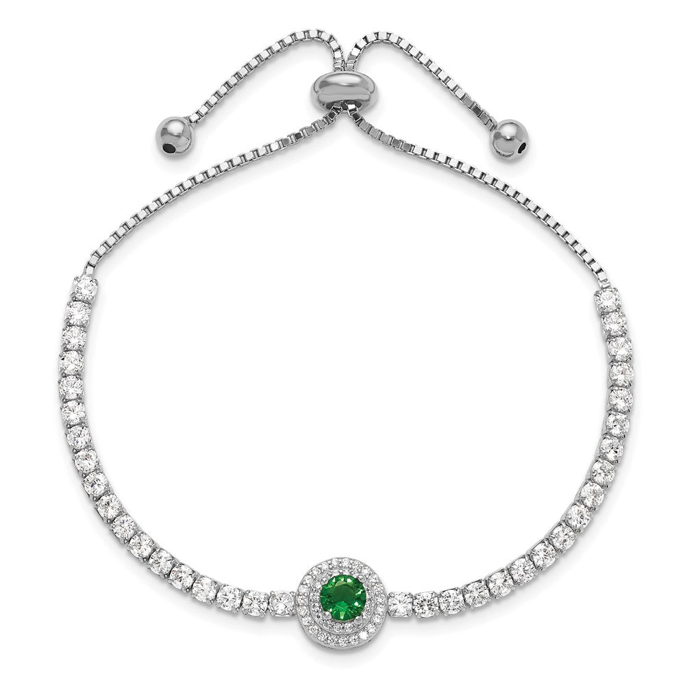 Sterling Silver Rhodium-plated CZ and Green Glass Adjustable Bracelet - Product Photo