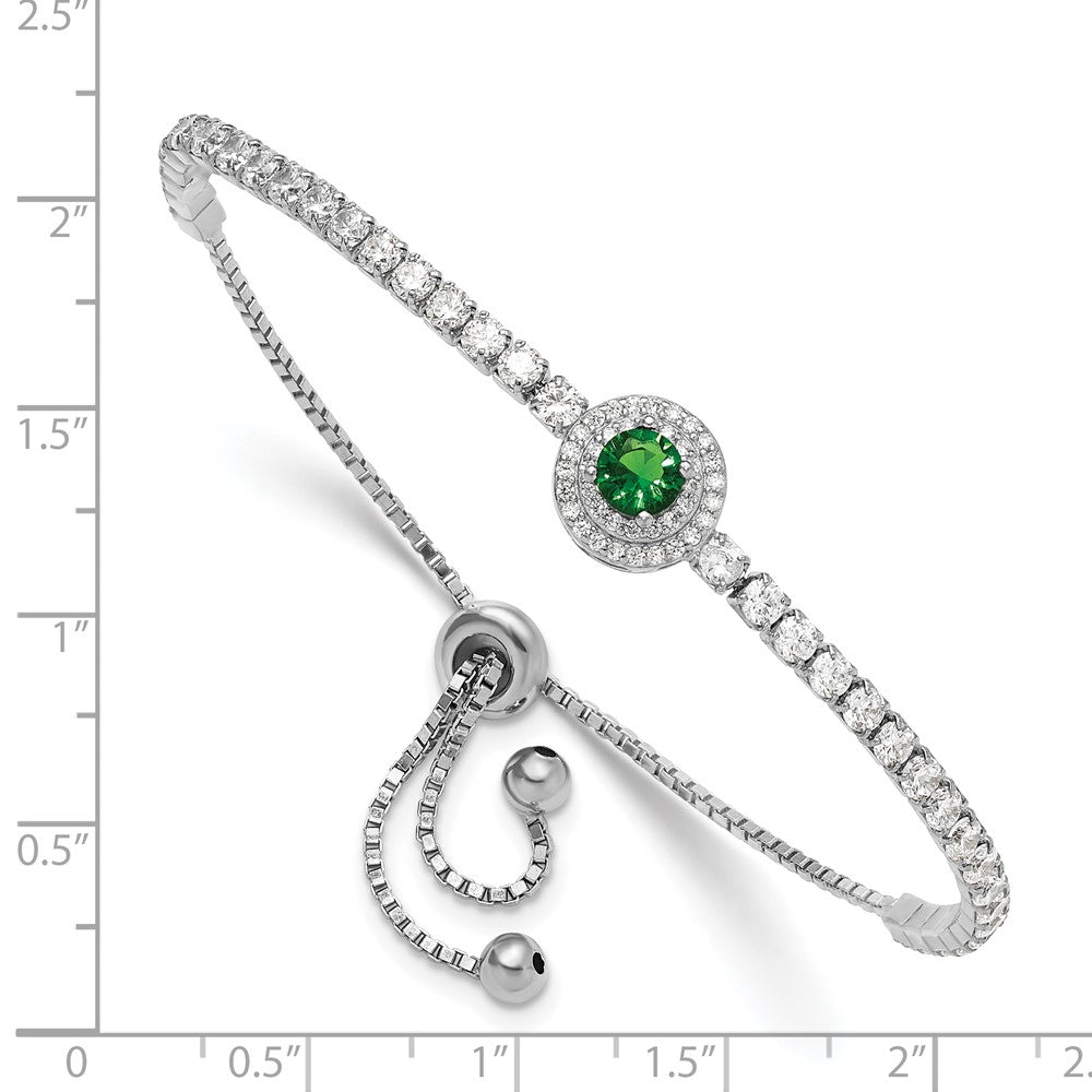 Sterling Silver Rhodium-plated CZ and Green Glass Adjustable Bracelet - Product Photo