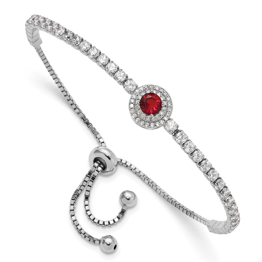 Sterling Silver Rhodium-plated CZ and Red Glass Adjustable Bracelet - Product Photo