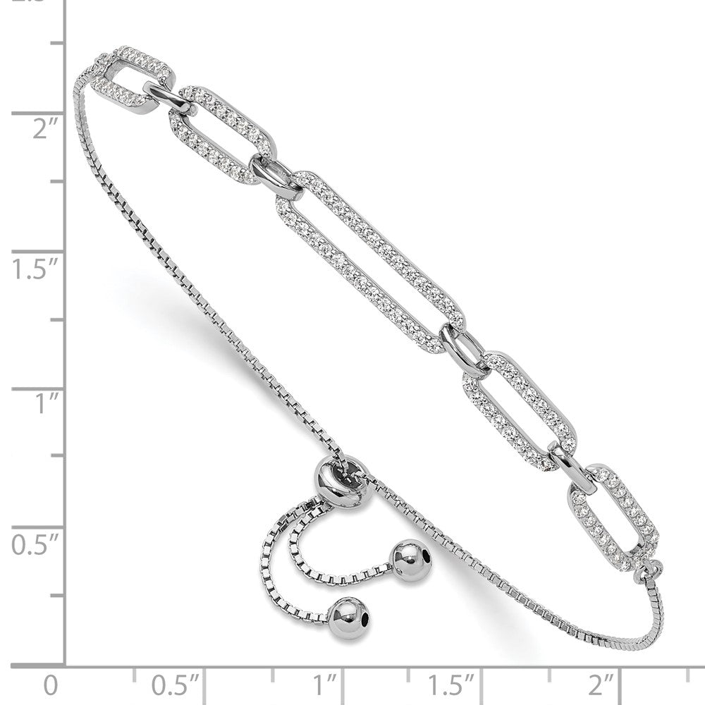 Sterling Silver Rhod-plated Paperclip Link CZ Adjustable Bracelet - Product Photo