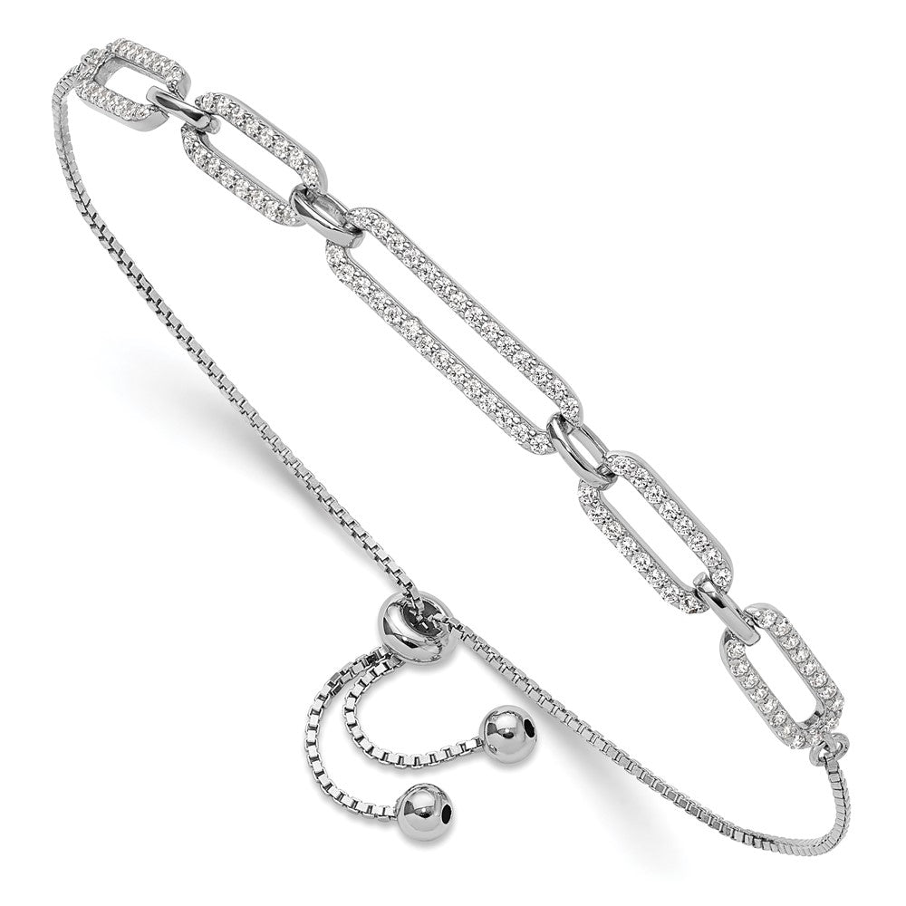 Sterling Silver Rhodium-plated Paperclip Link CZ Adjustable Bracelet