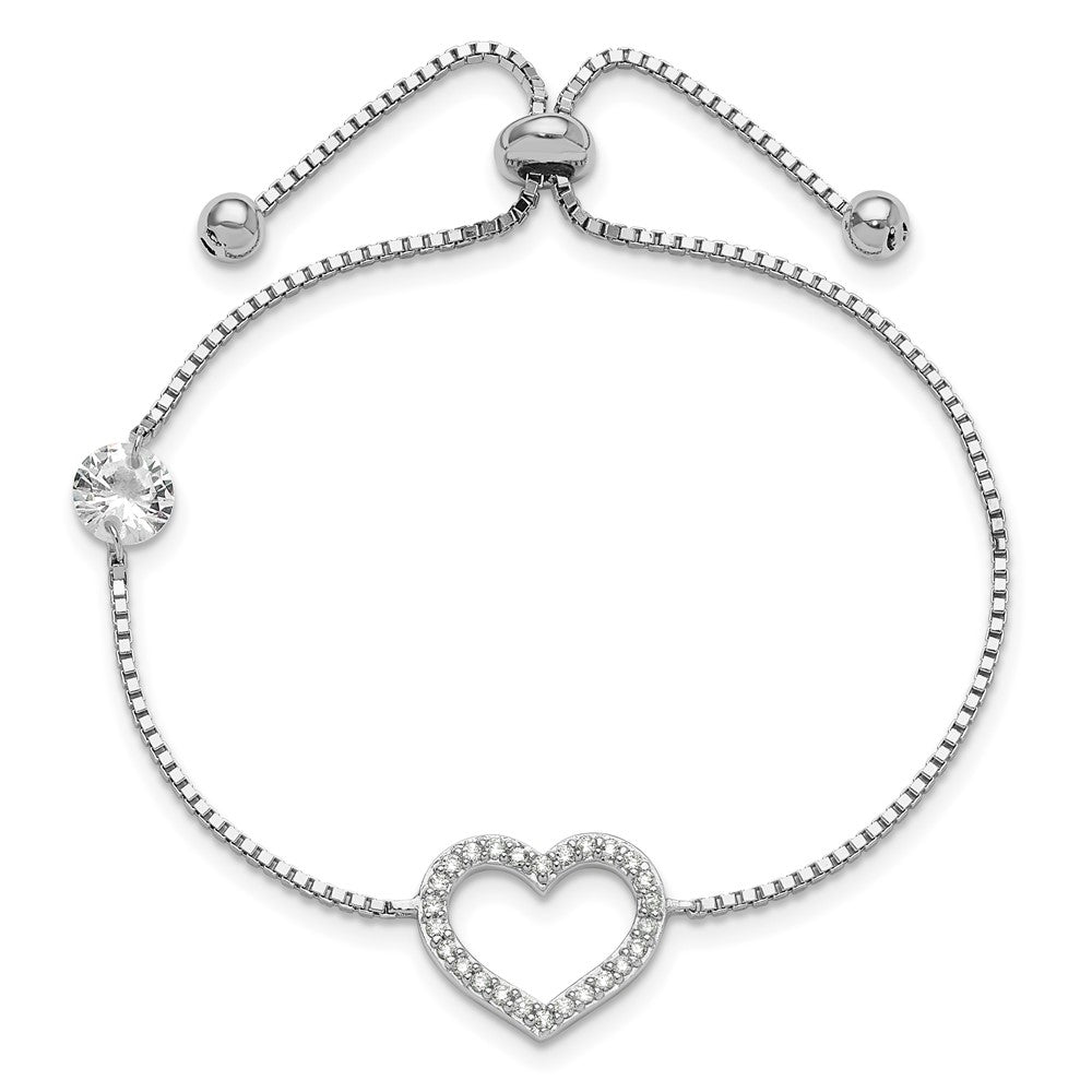 Sterling Silver Rhodium-plated Polished CZ Open Heart Adjustable Bracelet - Product Photo
