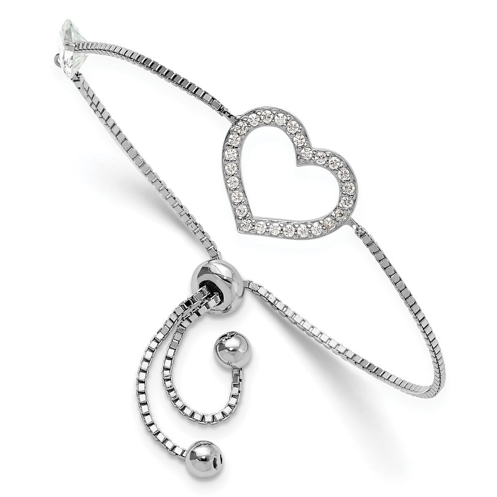 Sterling Silver Rhodium-plated Polished CZ Open Heart Adjustable Bracelet - Product Photo