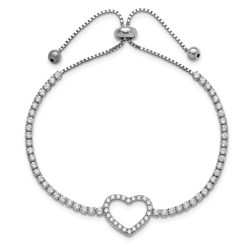 Sterling Silver Rhodium-plated CZ Heart Adjustable Bracelet - Product Photo