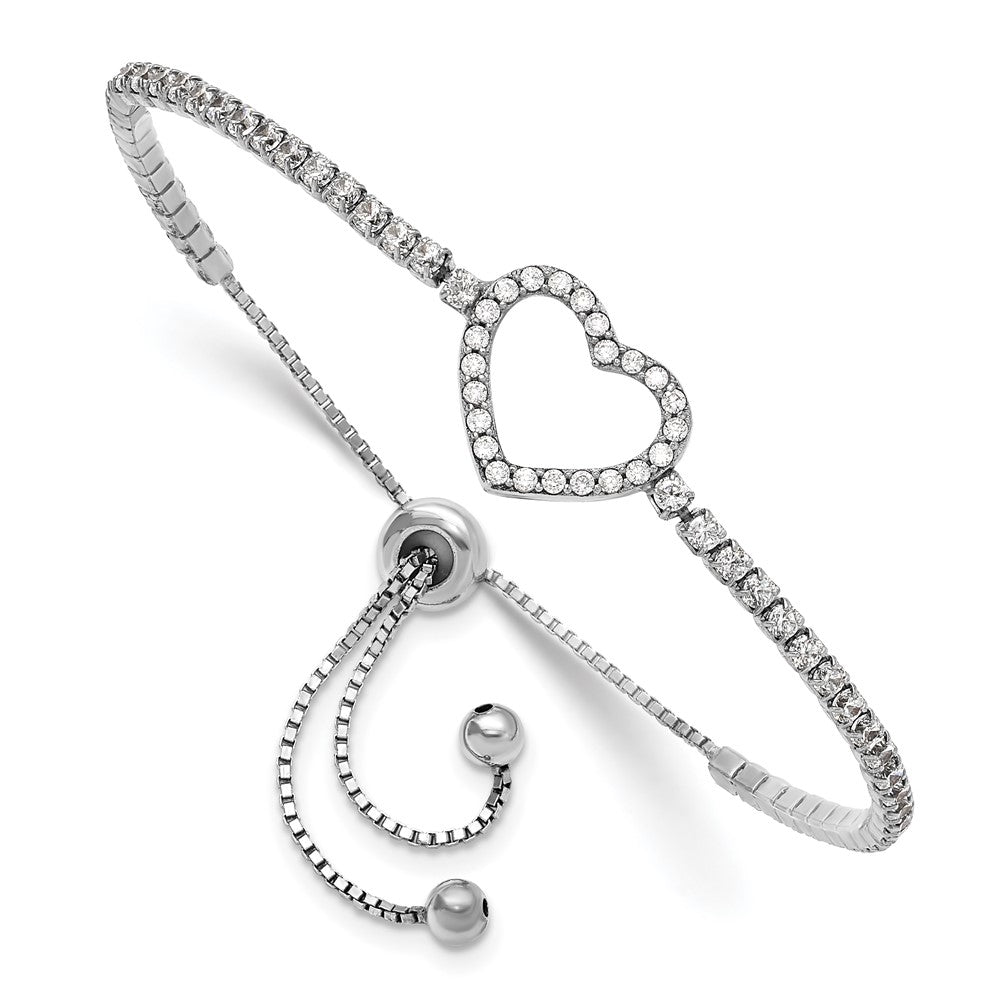 Sterling Silver Rhodium-plated CZ Heart Adjustable Bracelet - Product Photo