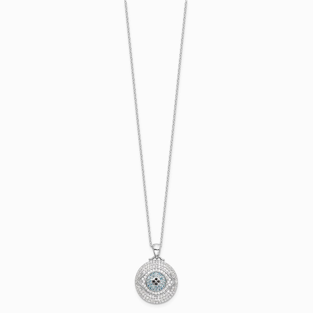 Sterling Silver Rh-plated Created Blue Spinel and CZ Evil Eye 18in Necklace - Product Photo
