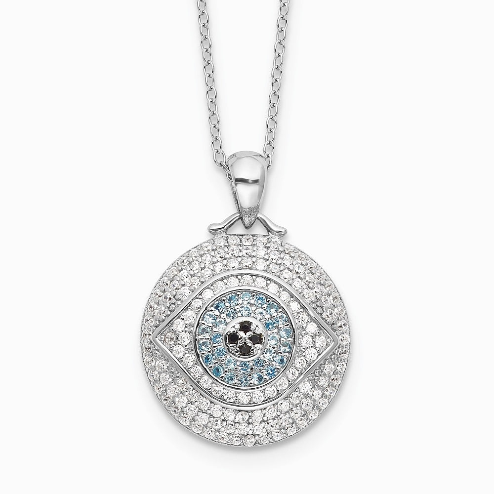 Sterling Silver Rh-plated Created Blue Spinel and CZ Evil Eye 18in Necklace