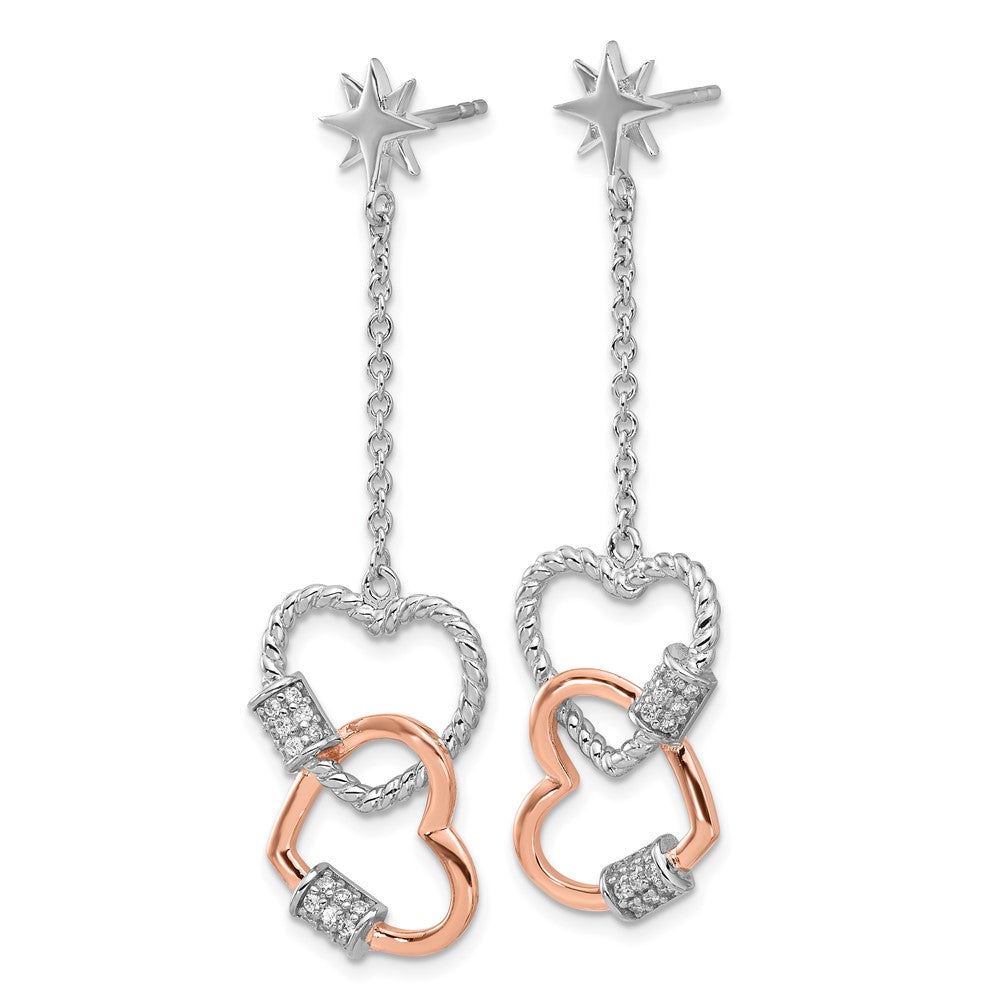 Pure Fire Sterling Silver Rhod-plated Rose-tone CZ Hearts Dangle Post Earri - Product Photo