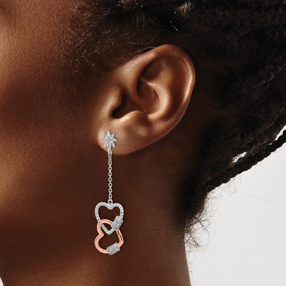 Pure Fire Sterling Silver Rhod-plated Rose-tone CZ Hearts Dangle Post Earri - Product Photo