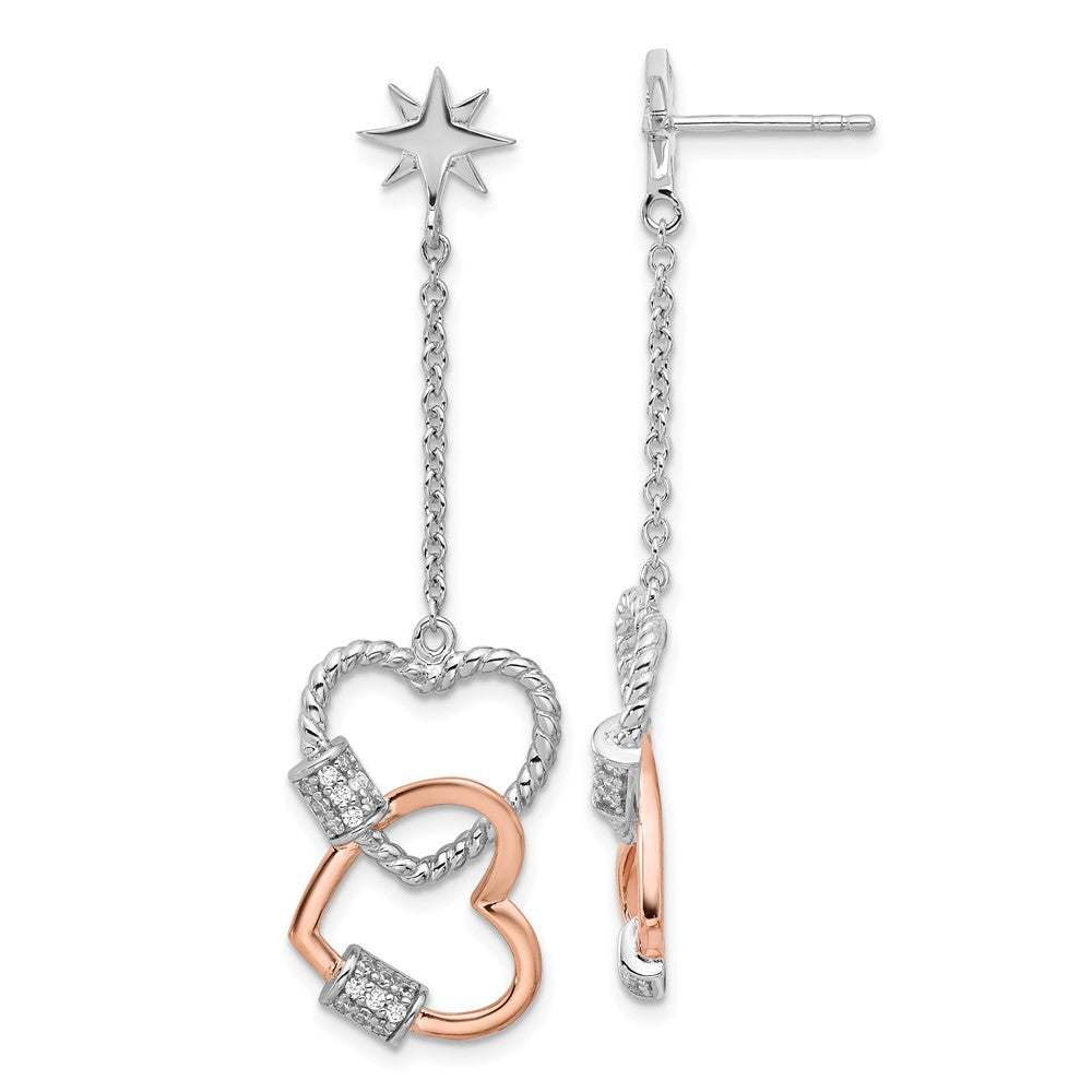 Pure Fire Sterling Silver Rhod-plated Rose-tone CZ Hearts Dangle Post Earri - Product Photo
